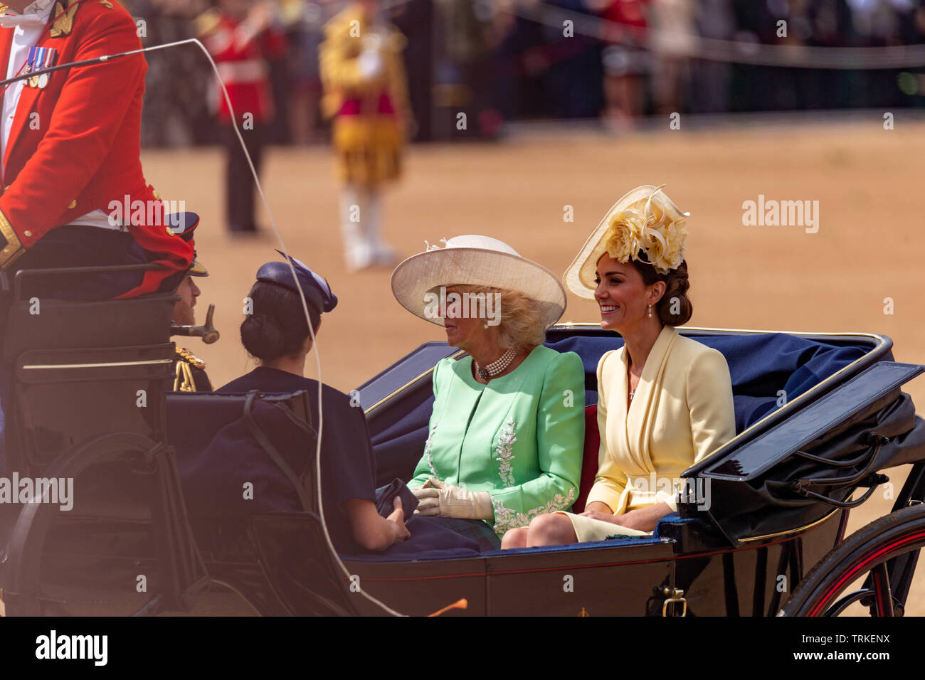 London, UK. 8th June 2019 Trooping the Colour 2019, The Queen's Birthday parade on Horseguards Parade London in the presence of Her Majesty The Queen.  Colour trooped by the 1st Battalion Grenadier Guards Duchess of Cornwall and Duchess of Cambridge Credit Ian Davidson/Alamy Live News Stock Photo