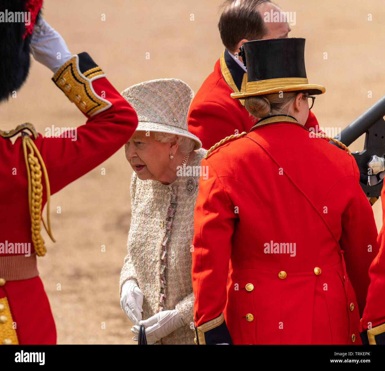 London, UK. 8th June 2019 Trooping the Colour 2019, The Queen's Birthday parade on Horseguards Parade London in the presence of Her Majesty The Queen.  Colour trooped by the 1st Battalion Grenadier Guards Credit Ian Davidson/Alamy Live News Stock Photo