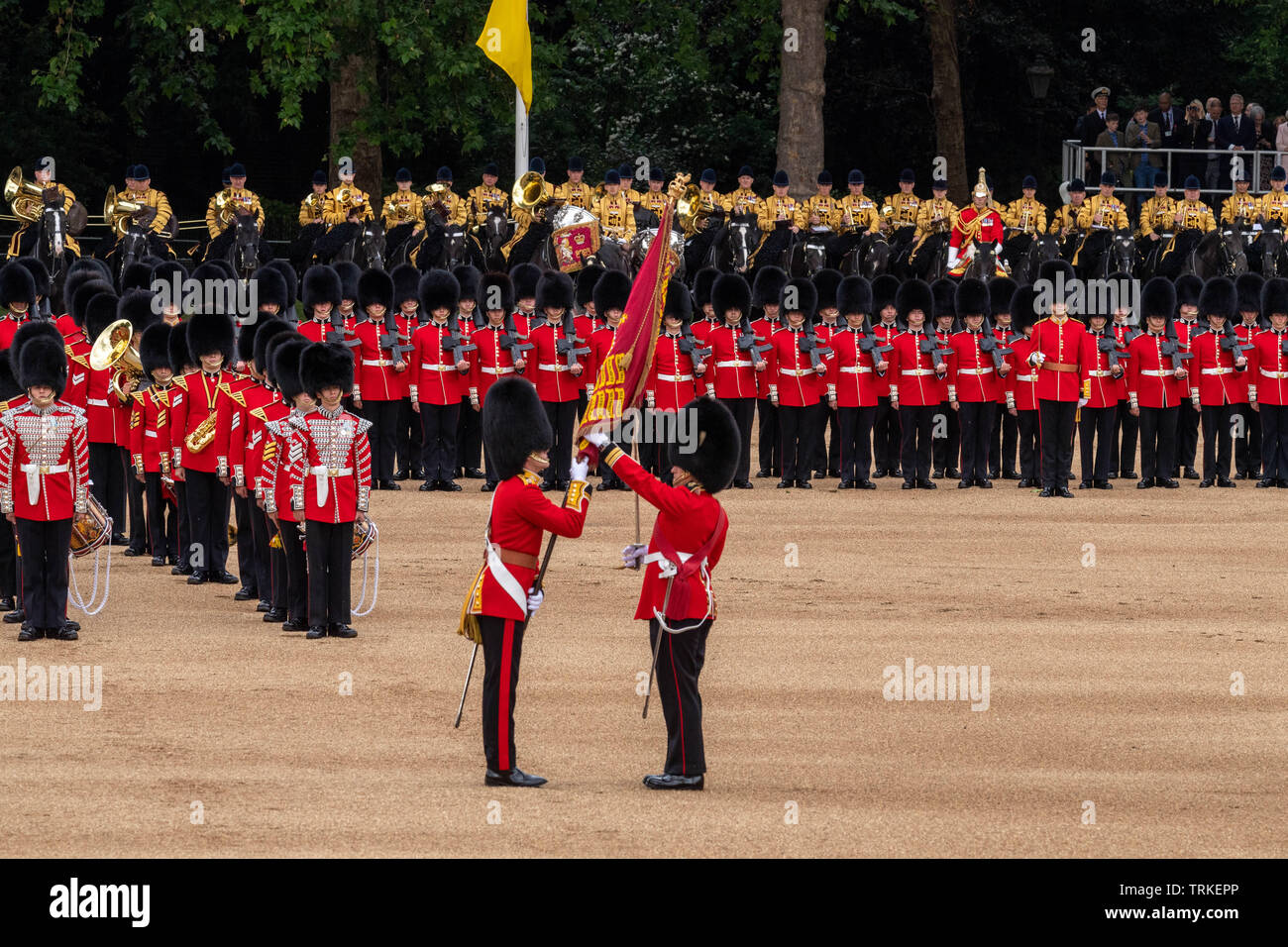 London, UK. 8th June 2019 Trooping the Colour 2019, The Queen's Birthday parade on Horseguards Parade London in the presence of Her Majesty The Queen.  Colour trooped by the 1st Battalion Grenadier Guards The Colours are transferred to the Ensign prior to trooping Credit Ian Davidson/Alamy Live News Stock Photo
