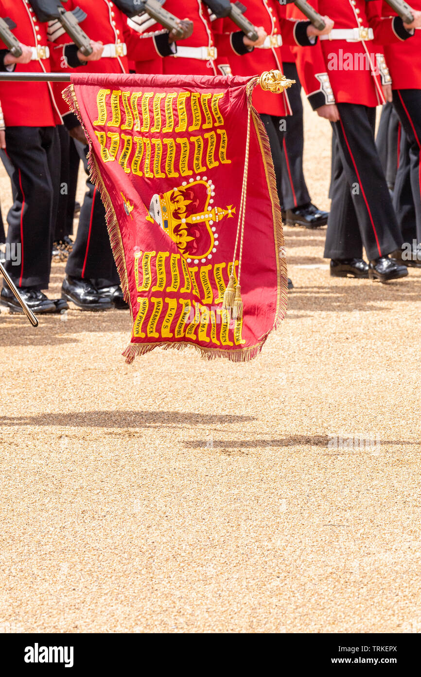 London, UK. 8th June 2019 Trooping the Colour 2019, The Queen's Birthday parade on Horseguards Parade London in the presence of Her Majesty The Queen.  Colour trooped by the 1st Battalion Grenadier Guards Credit Ian Davidson/Alamy Live News Stock Photo
