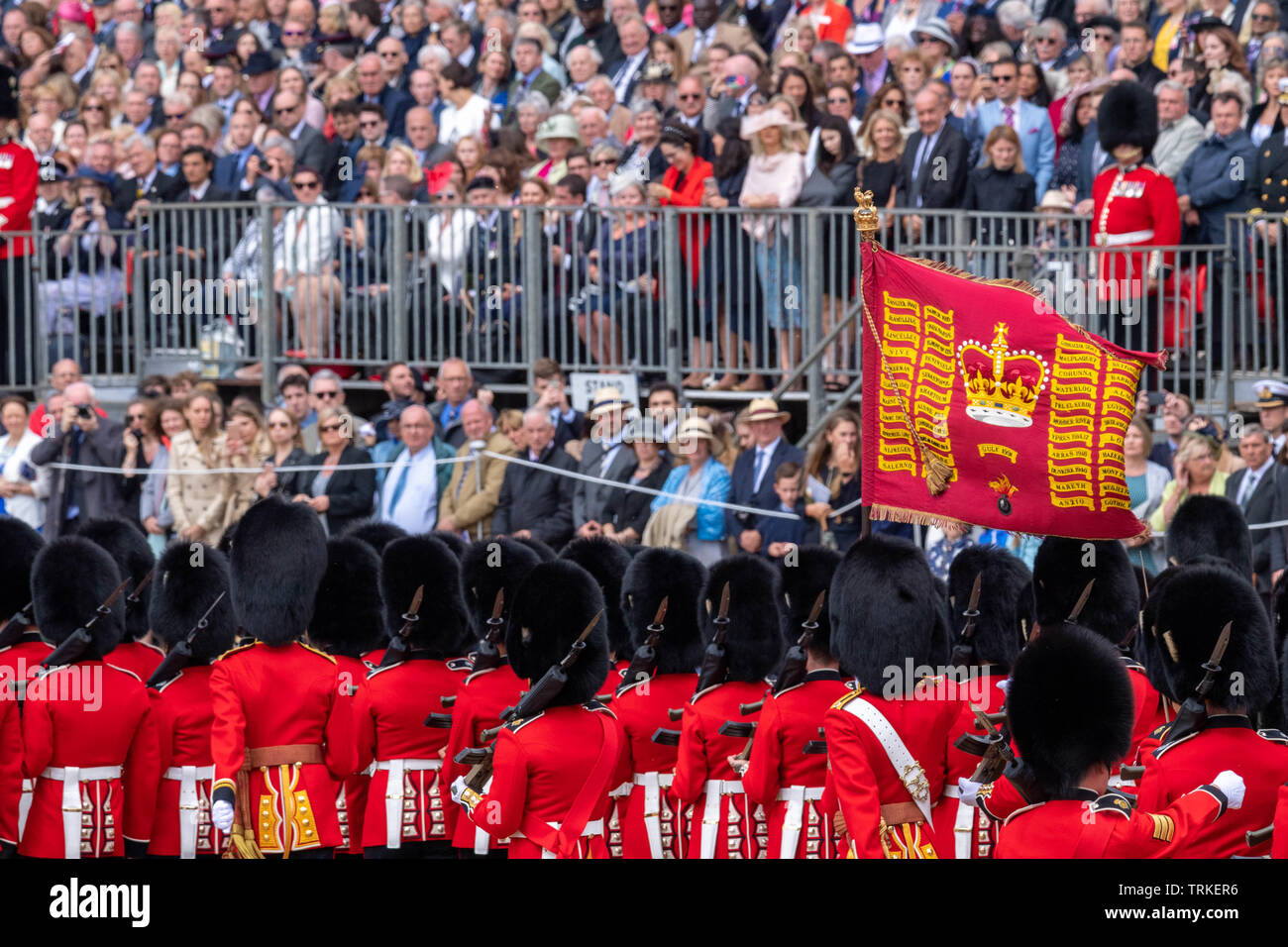 London, UK. 8th June 2019 Trooping the Colour 2019, The Queen's Birthday parade on Horseguards Parade London in the presence of Her Majesty The Queen. The  Colour is trooped by the 1st Battalion Grenadier Guards Credit Ian Davidson/Alamy Live News Stock Photo