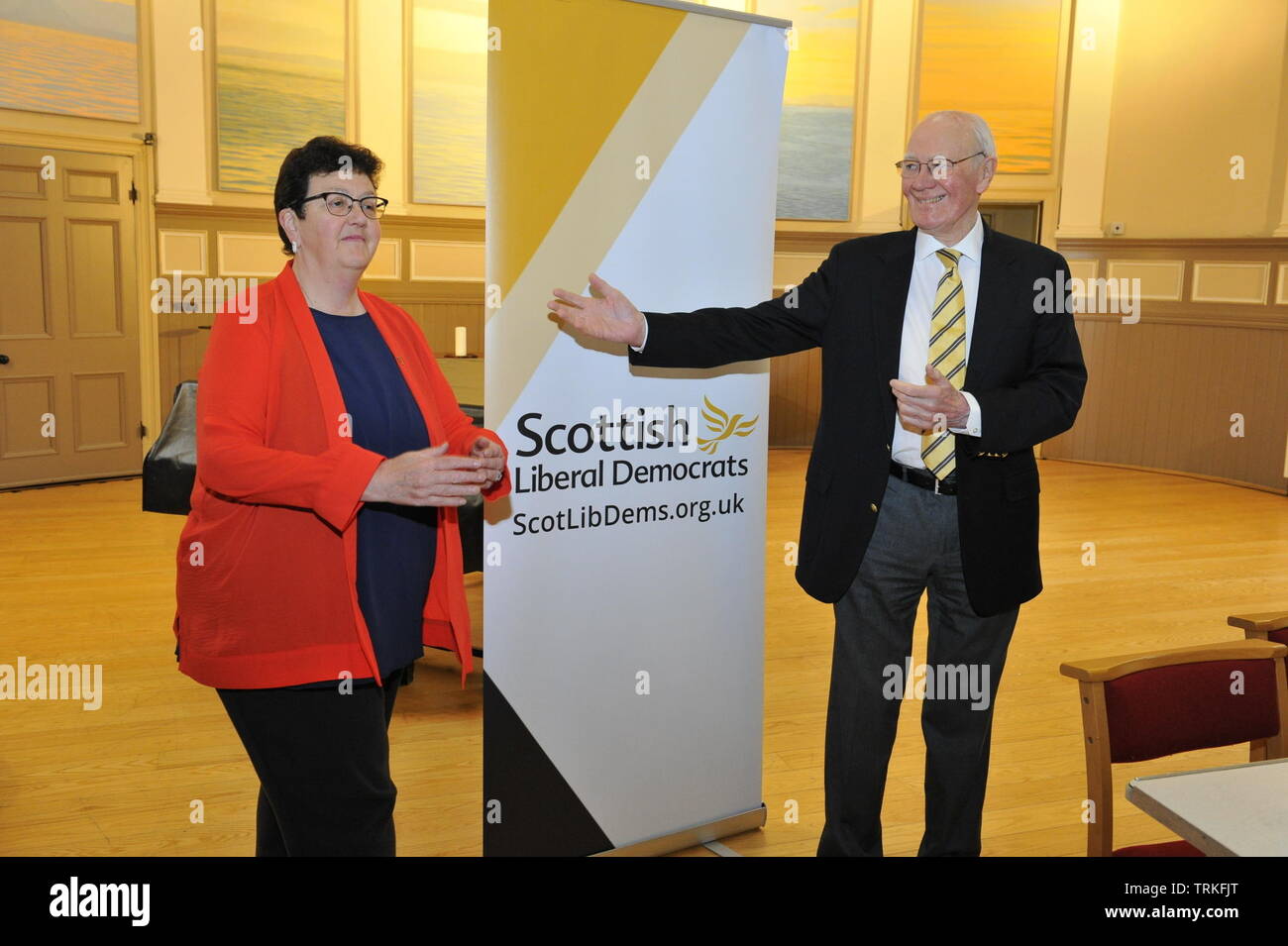 Edinburgh, UK. 8 June 2019. Pictured: (left-right) Sheila Ritchie; Lord Cambell. Liberal Democrat leadership candidates Jo Swinson and Ed Davey take part in hustings event in Stockbridge, Edinburgh. Credit: Colin Fisher/Alamy Live News Stock Photo