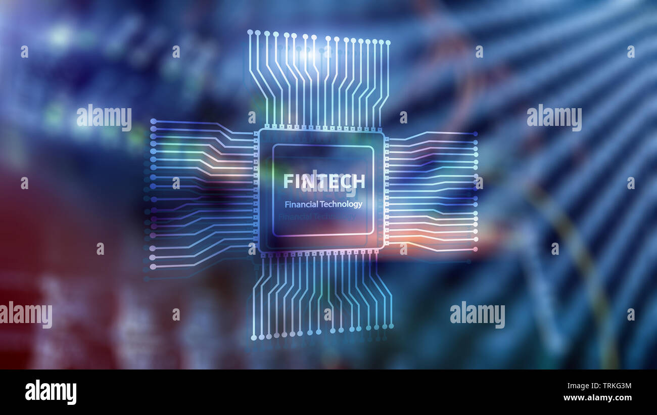Fintech icon on abstract financial technology background. Cpu icon on ...