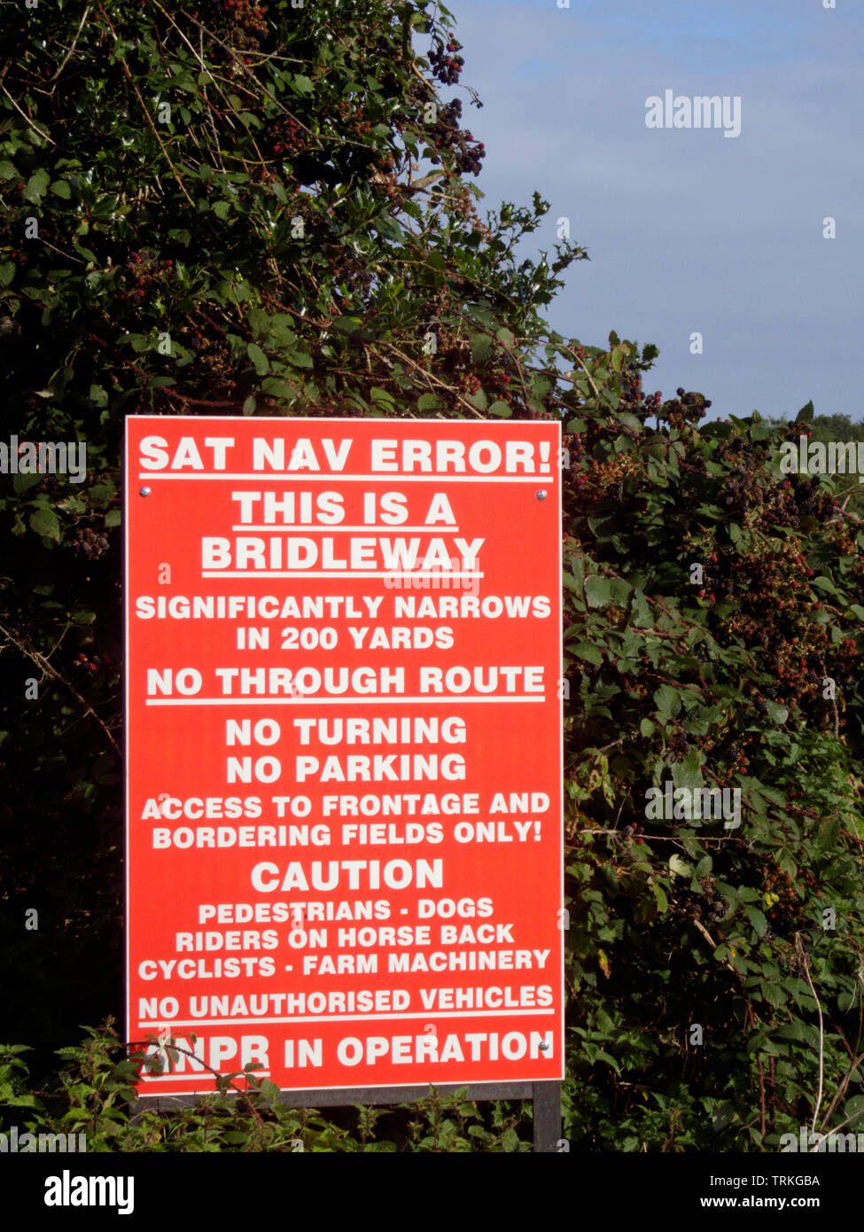 Sat Nav Error Sign on a Public Bridleway, England, UK in Summer Stock Photo