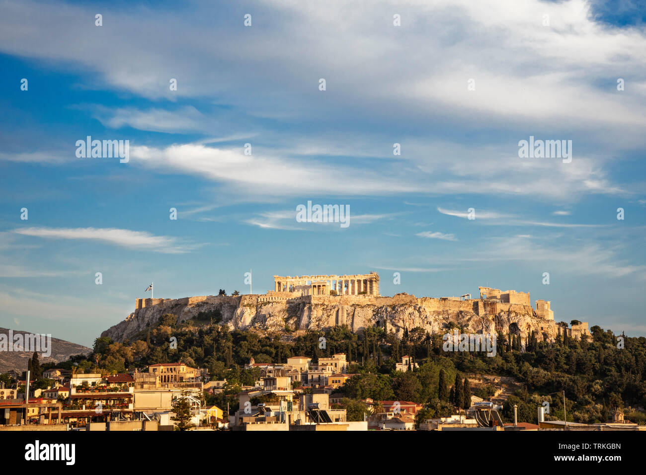 The Acropolis rises in the center of Athens, Greece. Stock Photo