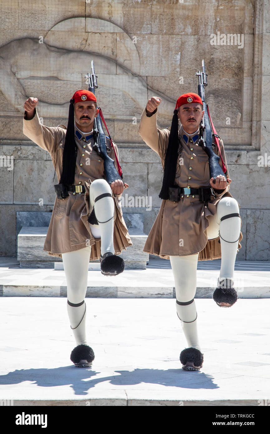 The honor guard at the tomb of the unknown in front of Parliament in Athens, Greece. Stock Photo