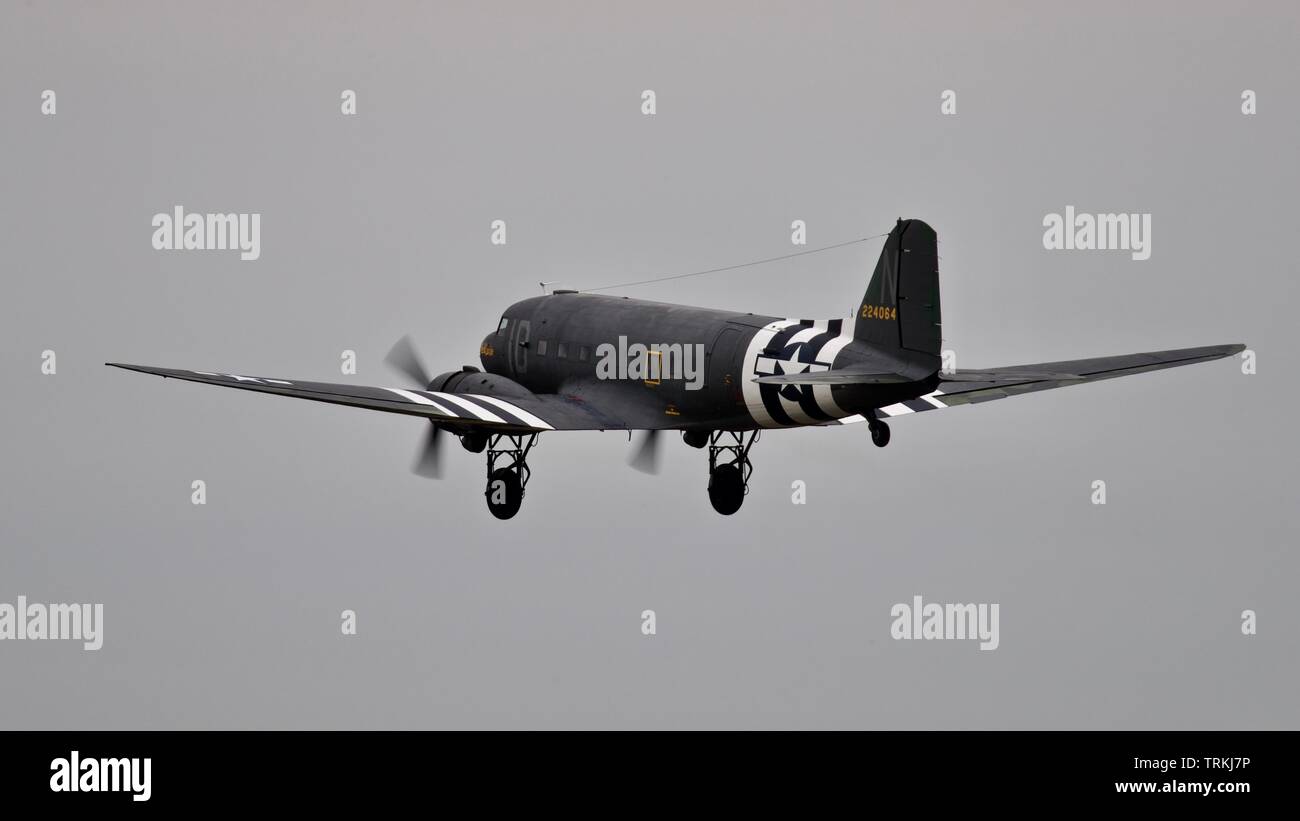 Douglas C-47 “Placid Lassie” at the 2019 Daks over Normandy Airshow on the 4th June 2019 commemorating the 75th anniversary of D-Day Stock Photo