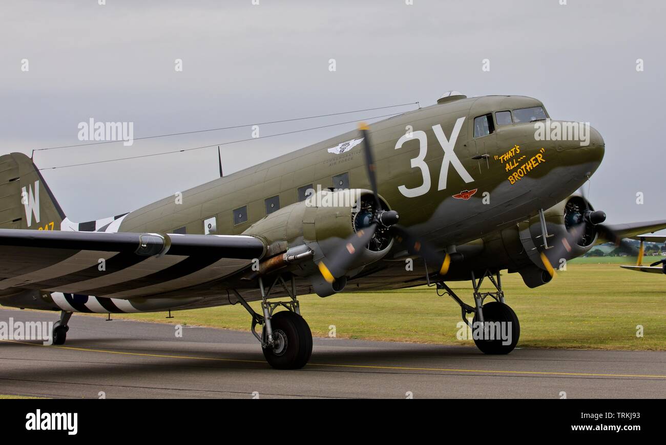 1944 C-47 Douglas Skytrain ‘DRAG ‘EM OOT’ at the Daks over Normandy Airshow at the IWM, Duxford on the 4th June 2019 Stock Photo