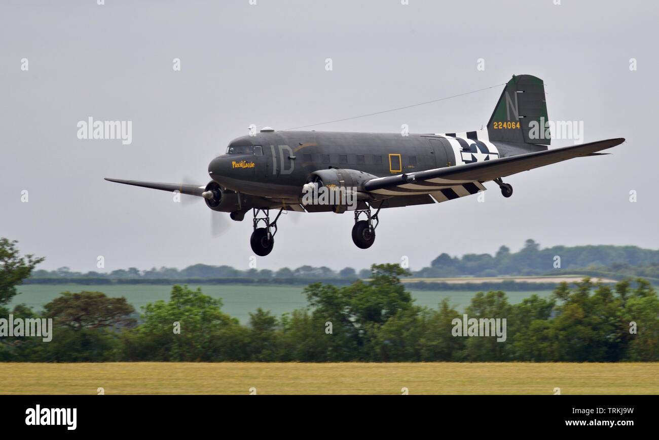 Douglas C-47 “Placid Lassie” at the 2019 Daks over Normandy Airshow on the 4th June 2019 commemorating the 75th anniversary of D-Day Stock Photo