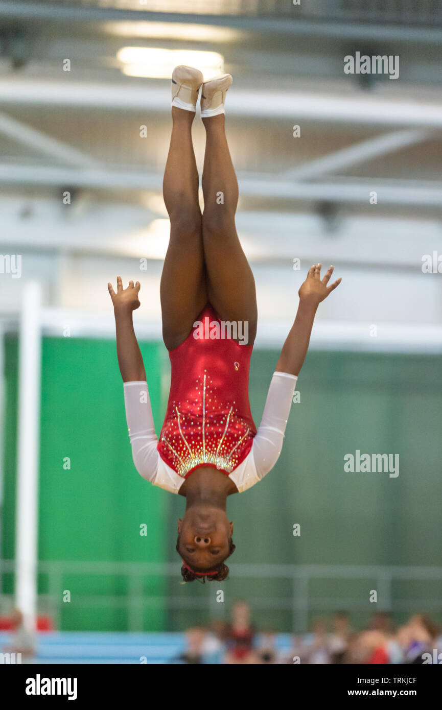 Sheffield, England, UK. 1 June 2019. Naana Oppon of Milton Keynes Gymnastics Club in action during Spring Series 2 at the English Institute of Sport, Sheffield, UK. Stock Photo