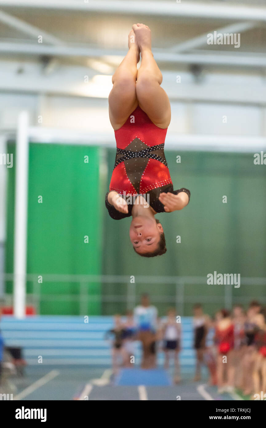 Sheffield, England, UK. 1 June 2019. Rachel Auld of Dynamite Gymnastics  Club in action during Spring Series 2 at the English Institute of Sport,  Sheffield, UK Stock Photo - Alamy