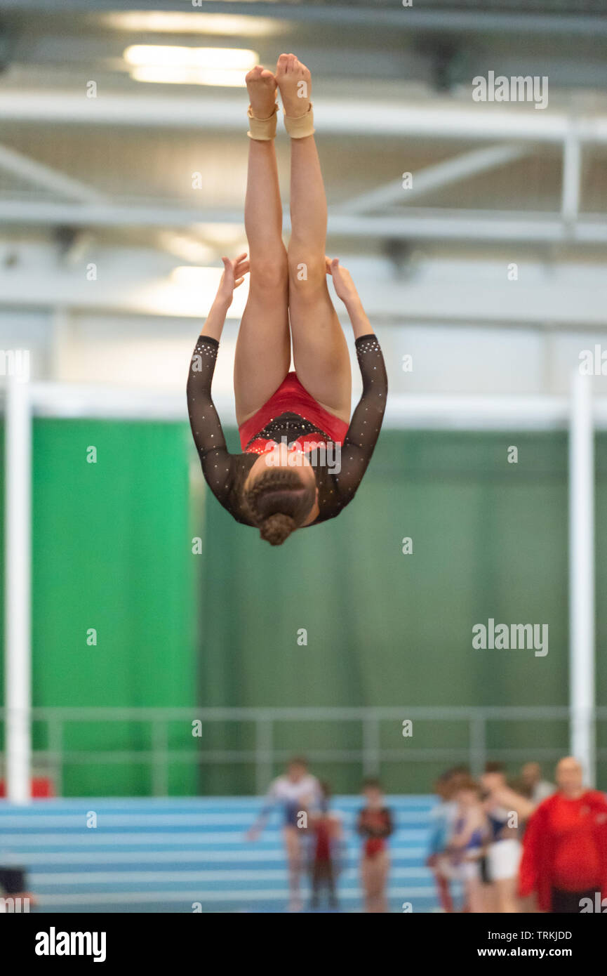 Sheffield, England, UK. 1 June 2019. Rachel Auld of Dynamite Gymnastics Club in action during Spring Series 2 at the English Institute of Sport, Sheffield, UK. Stock Photo