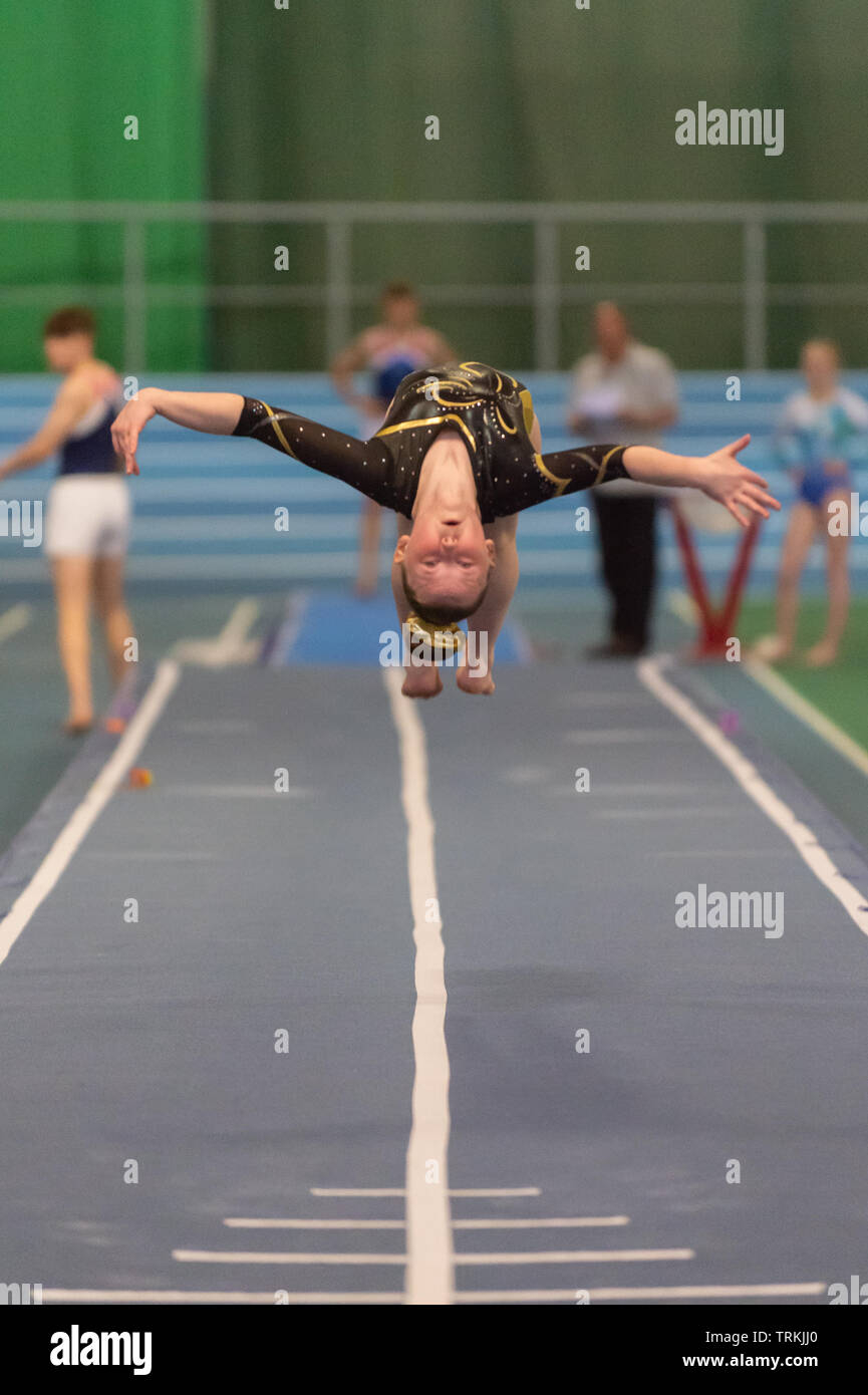 Sheffield, England, UK. 1 June 2019. Rhisian Thomas of Dimax Gymnastics Club in action during Spring Series 2 at the English Institute of Sport, Sheffield, UK. Stock Photo