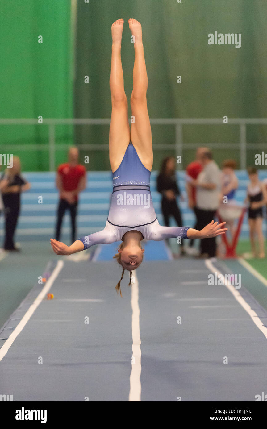 Sheffield, England, UK. 1 June 2019. Scarlett Hutton of Pinewood Gymnastics Club in action during Spring Series 2 at the English Institute of Sport, Sheffield, UK. Stock Photo