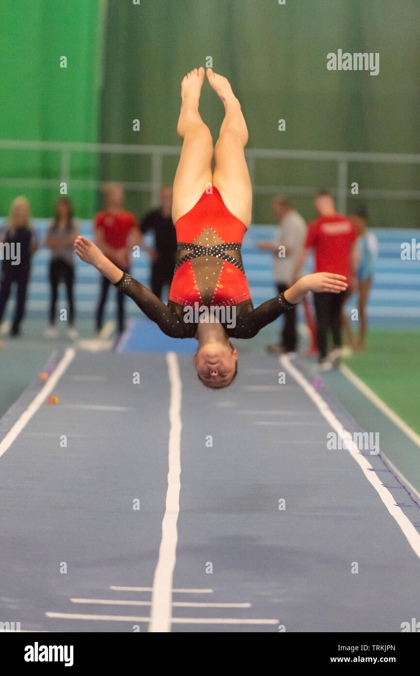 Sheffield, England, UK. 1 June 2019. Neve Kehoe of Dynamite Gymnastics Club in action during Spring Series 2 at the English Institute of Sport, Sheffield, UK. Stock Photo