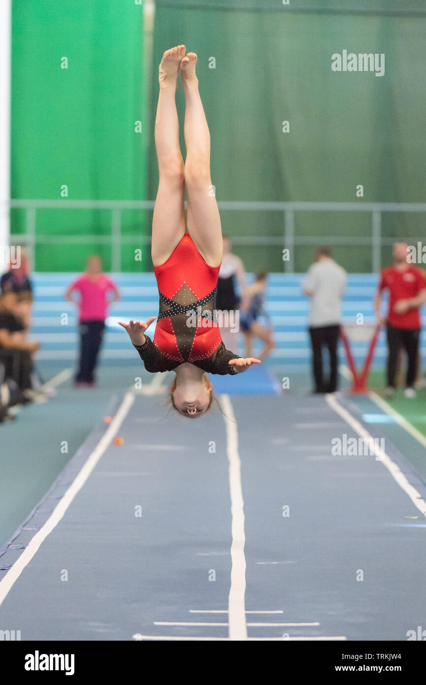 Sheffield, England, UK. 1 June 2019. Grace Neeson of Dynamite Gymnastics Club in action during Spring Series 2 at the English Institute of Sport, Sheffield, UK. Stock Photo