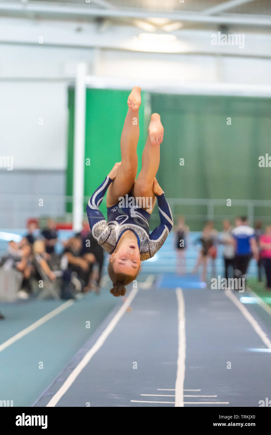 Sheffield, England, UK. 1 June 2019. Darci Tierney of Sapphire Gymnastics Club in action during Spring Series 2 at the English Institute of Sport, Sheffield, UK. Stock Photo