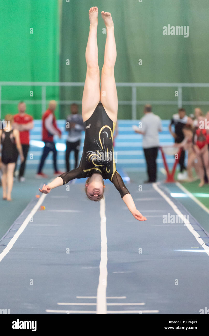 Sheffield, England, UK. 1 June 2019. Leia Vobe of Dimax Gymnastics Club in action during Spring Series 2 at the English Institute of Sport, Sheffield, UK. Stock Photo
