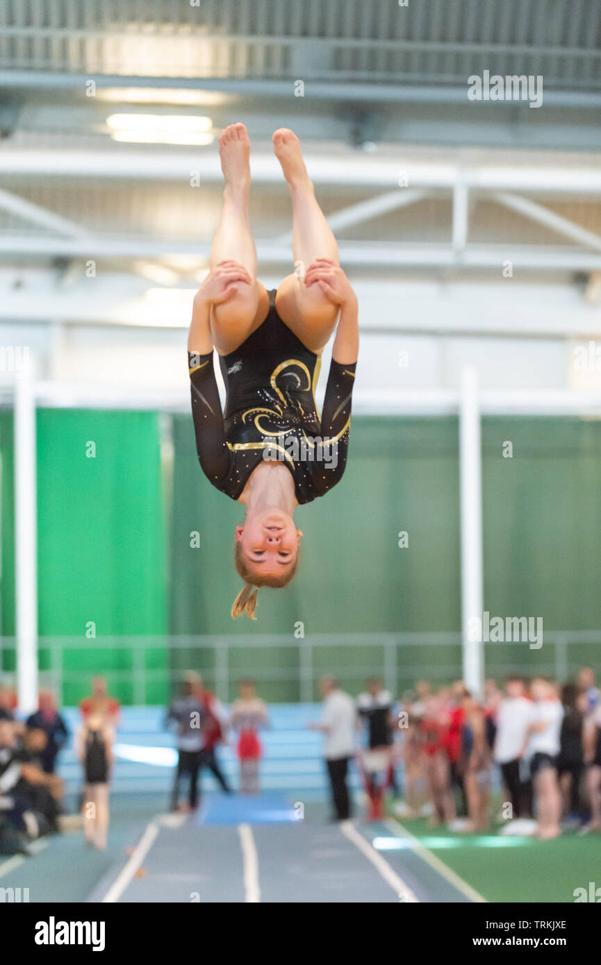 Sheffield, England, UK. 1 June 2019. Leia Vobe of Dimax Gymnastics Club in action during Spring Series 2 at the English Institute of Sport, Sheffield, UK. Stock Photo