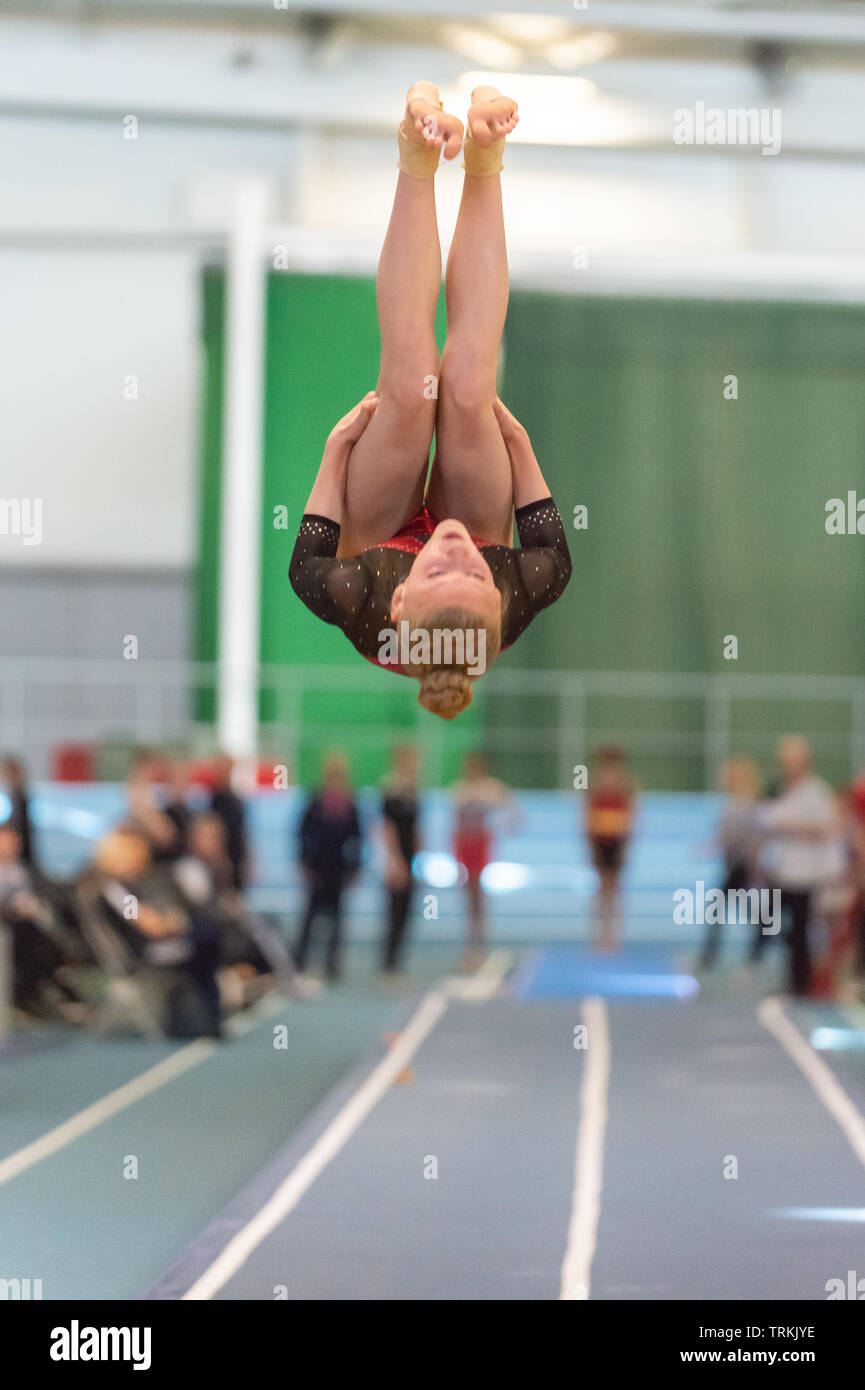 Sheffield, England, UK. 1 June 2019. Sophie Brown of Dynamite Gymnastics Club in action during Spring Series 2 at the English Institute of Sport, Sheffield, UK. Stock Photo
