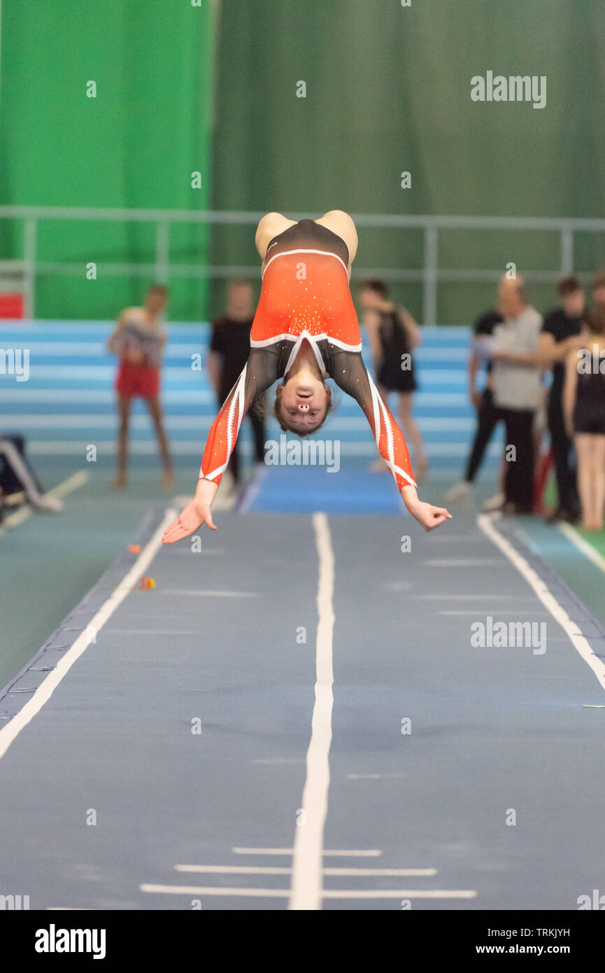 Sheffield, England, UK. 1 June 2019. Tia Barrett of Durham City Gymnastics Club in action during Spring Series 2 at the English Institute of Sport, Sheffield, UK. Stock Photo