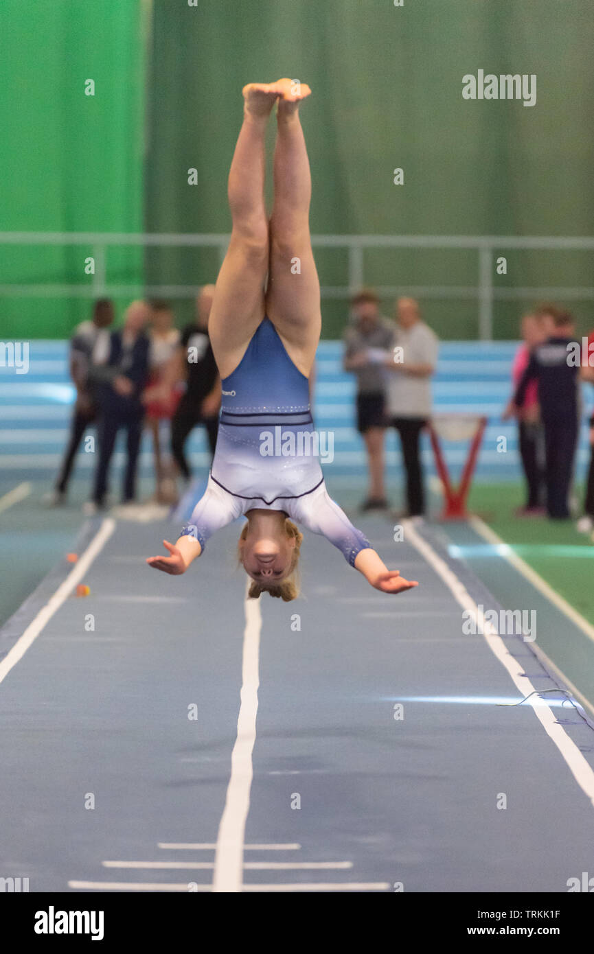Sheffield, England, UK. 1 June 2019. Scarlett Hutton of Pinewood Gymnastics Club in action during Spring Series 2 at the English Institute of Sport, Sheffield, UK. Stock Photo
