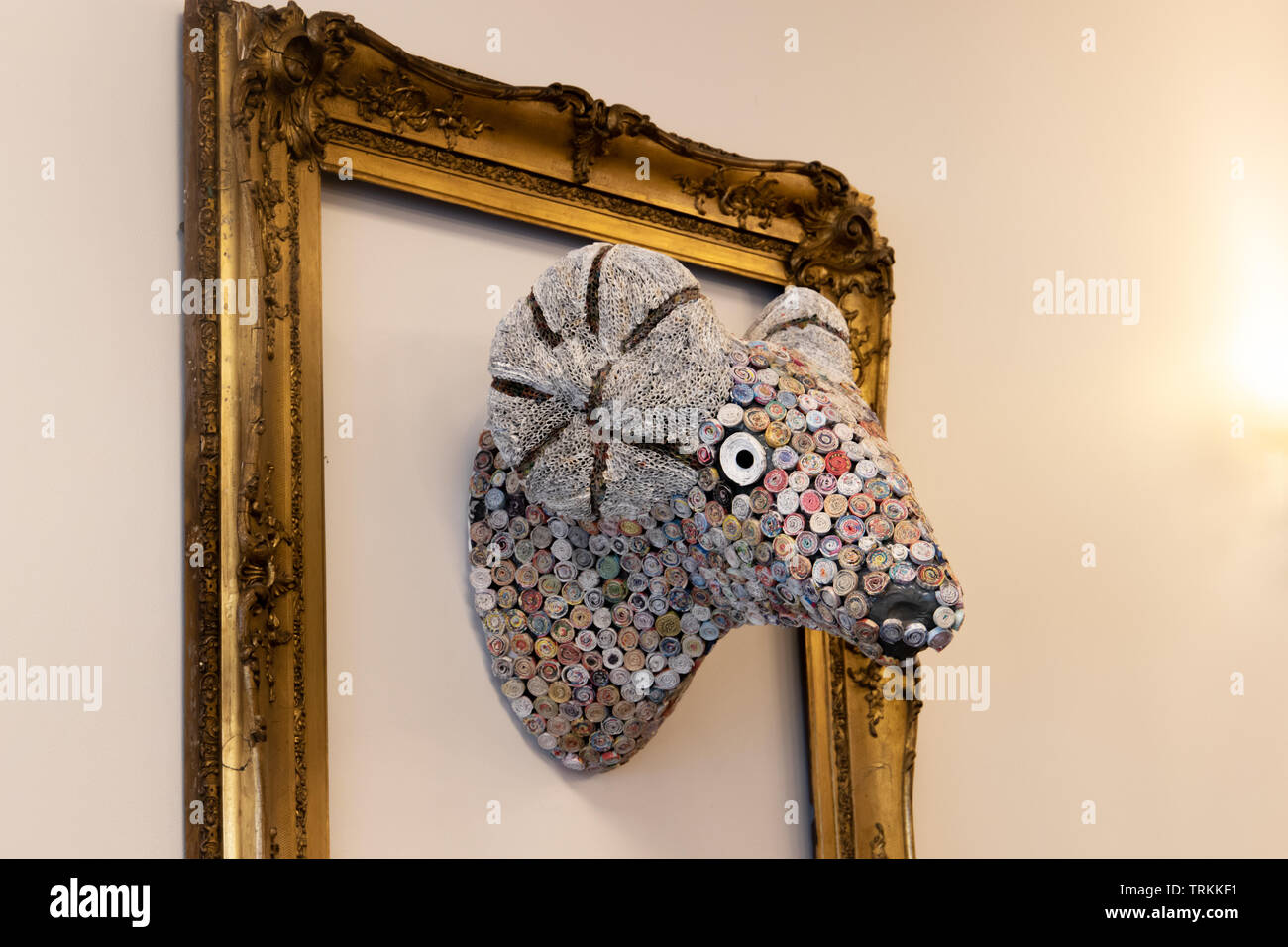 Rams head in frame made from fabric centred in frame hanging on wall. Stock Photo