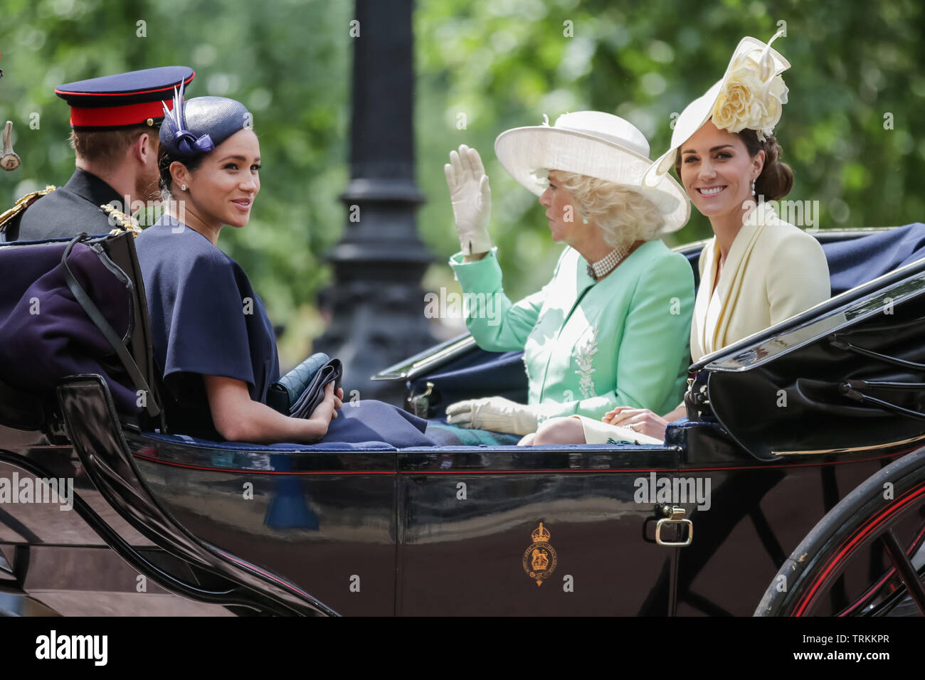 London, UK. 08th June, 2019. HRH Prince Harry, Duke of Sussex, HRH Meghan, Duchess of Sussex, HRH Catherine, Duchess of Cambridge, HRH Camilla, Duchess of Cornwall, share an open top carriage along The Mall. Trooping the Colour, The Queen's Birthday Parade, London UK Credit: amanda rose/Alamy Live News Credit: amanda rose/Alamy Live News Stock Photo