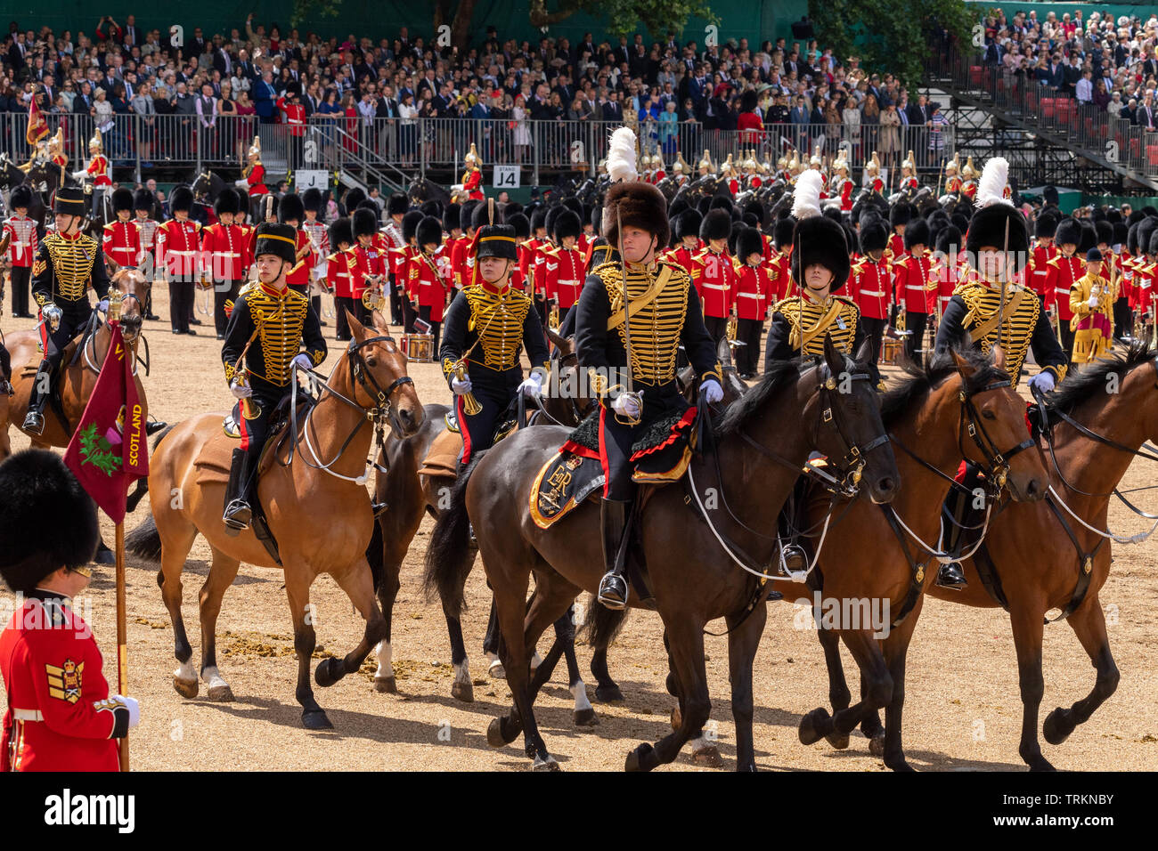 London, UK. 08th June, 2019.  Trooping the Colour 2019, The Queen's Birthday parade on Horseguards Parade London in the presence of Her Majesty The Queen.  Colour trooped by the 1st Battalion Grenadier Guards Credit Ian Davidson/Alamy Live News Stock Photo