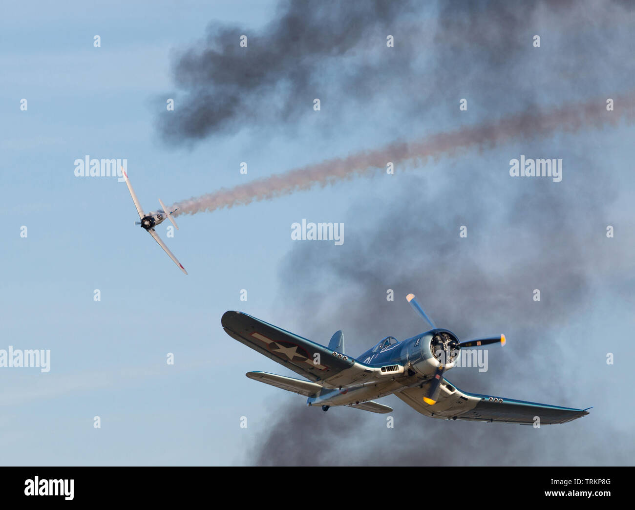 A Vought F4U Corsair fighter and Japanese Zero recreate an aerial dogfight during World War II. Stock Photo