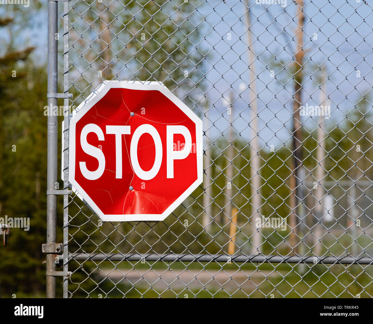 Stop sign on metal gate. Stock Photo