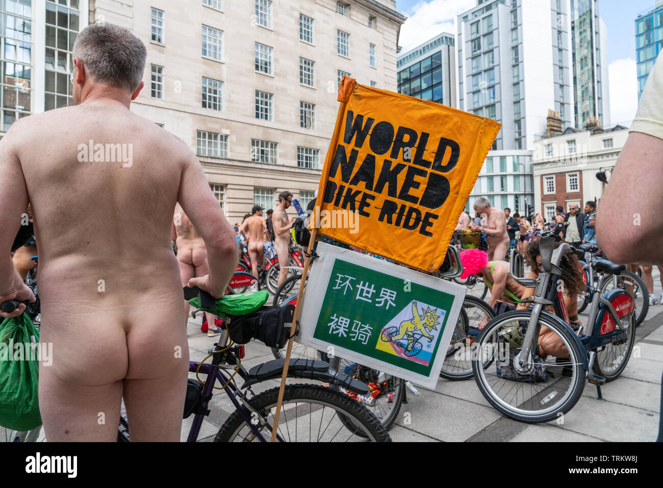 08 Jun 2019, London, UK. The annual World Naked Bike Ride London, with hundreds of naked cyclists riding around central London Stock Photo