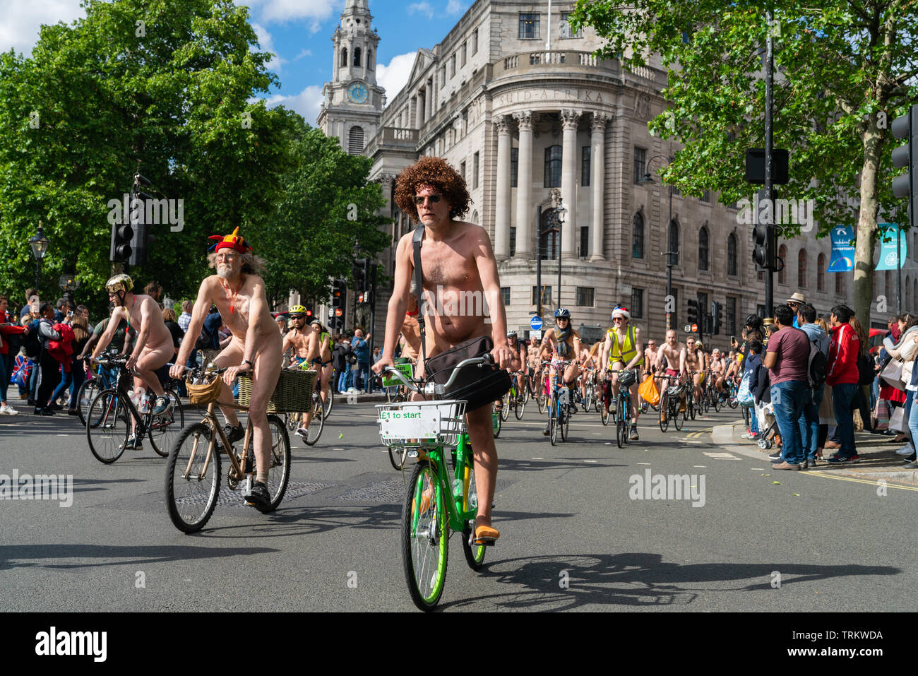 08 Jun 2019, London, UK. The annual World Naked Bike Ride London, with hundreds of naked cyclists riding around central London Stock Photo