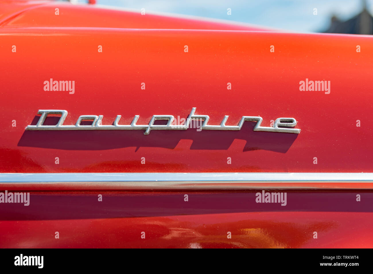 Wattrelos,FRANCE-June 02,2019: view of the Renault Dauphine brand and logo. Stock Photo