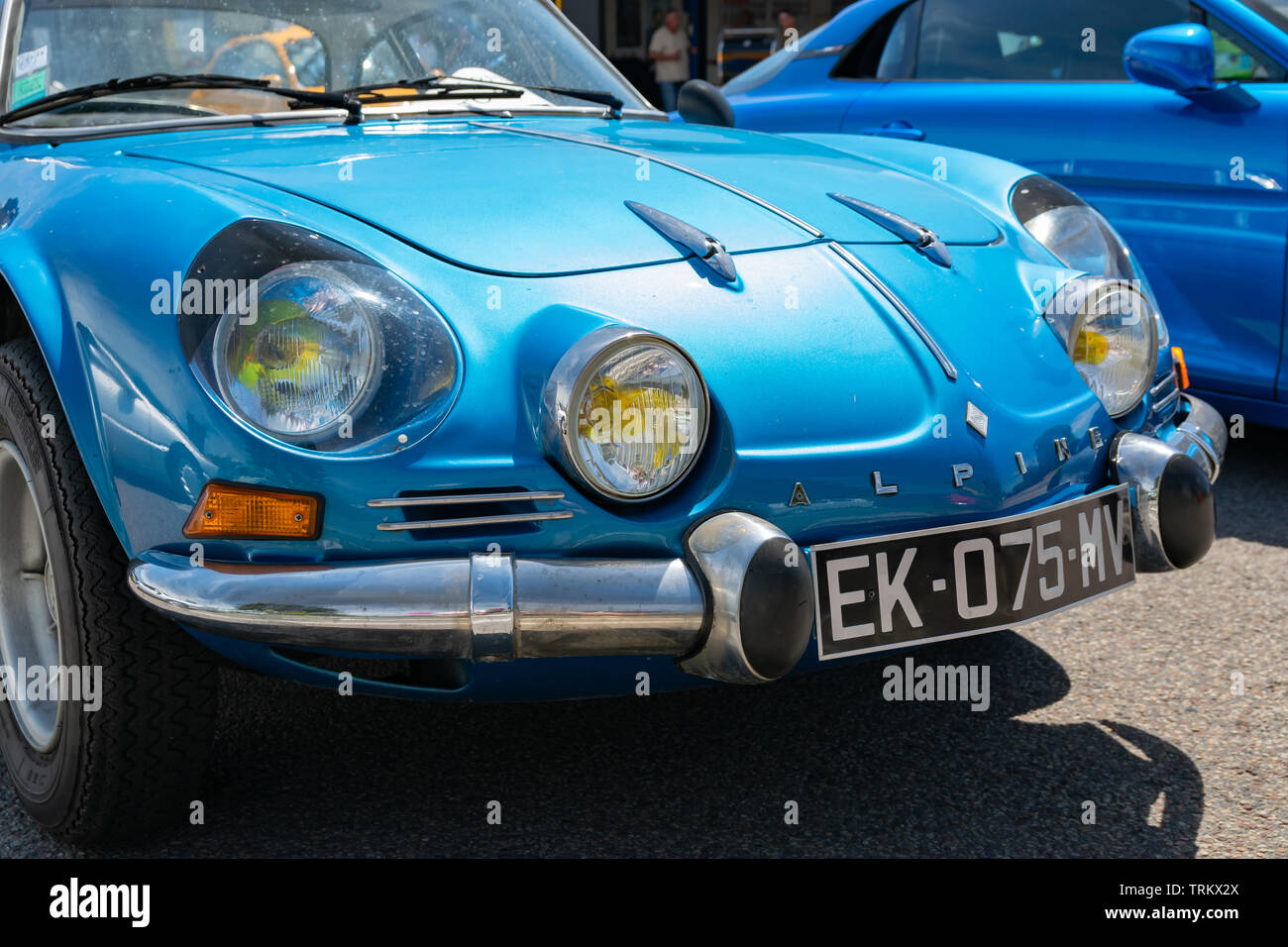 Wattrelos,FRANCE-June 02,2019: blue old Renault Alpine A110,front view,car exhibited at the 7th Retro Car Festival at the Renault Wattrelos Martinoire. Stock Photo