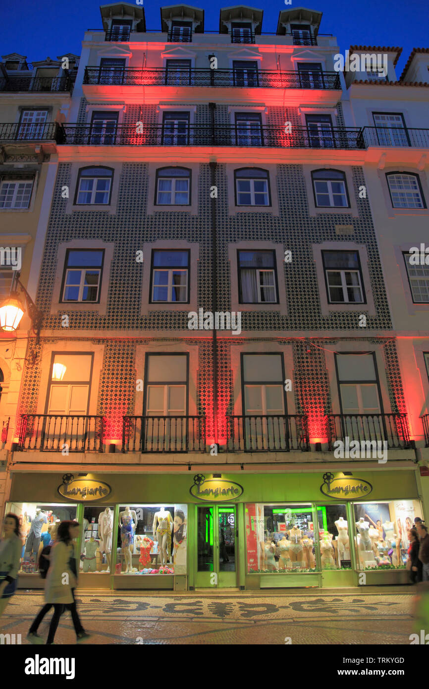 Portugal, Lisbon, Baixa, Rue Augusta, street scene, nightlife, people, Stock Photo