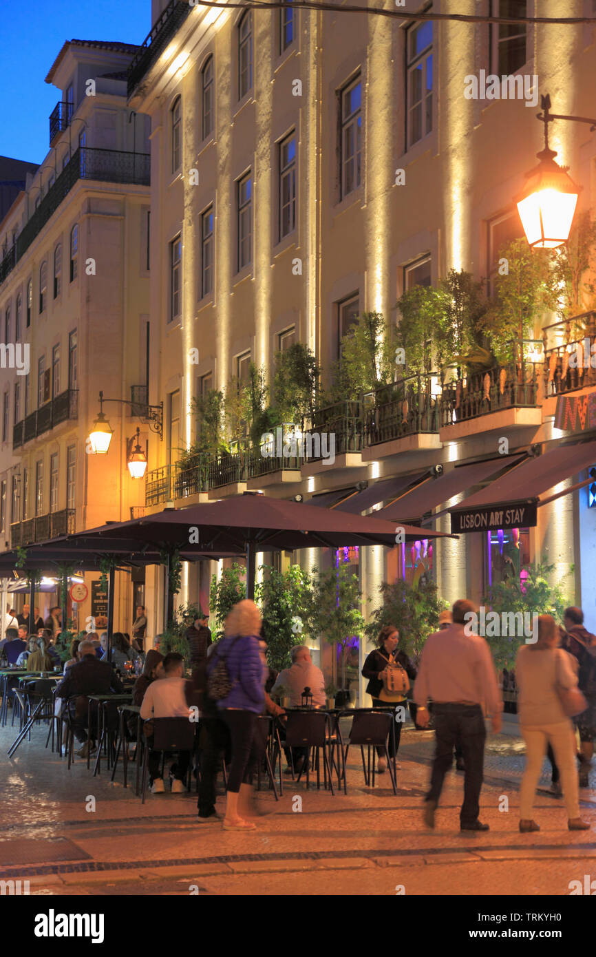 Portugal, Lisbon, Baixa, Rue Augusta, street scene, nightlife, people, Stock Photo