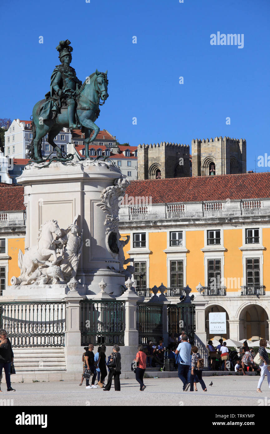 Portugal, Lisbon, Baixa, Praca do Comercio, Terreiro do Paco, King Jose I statue, Stock Photo