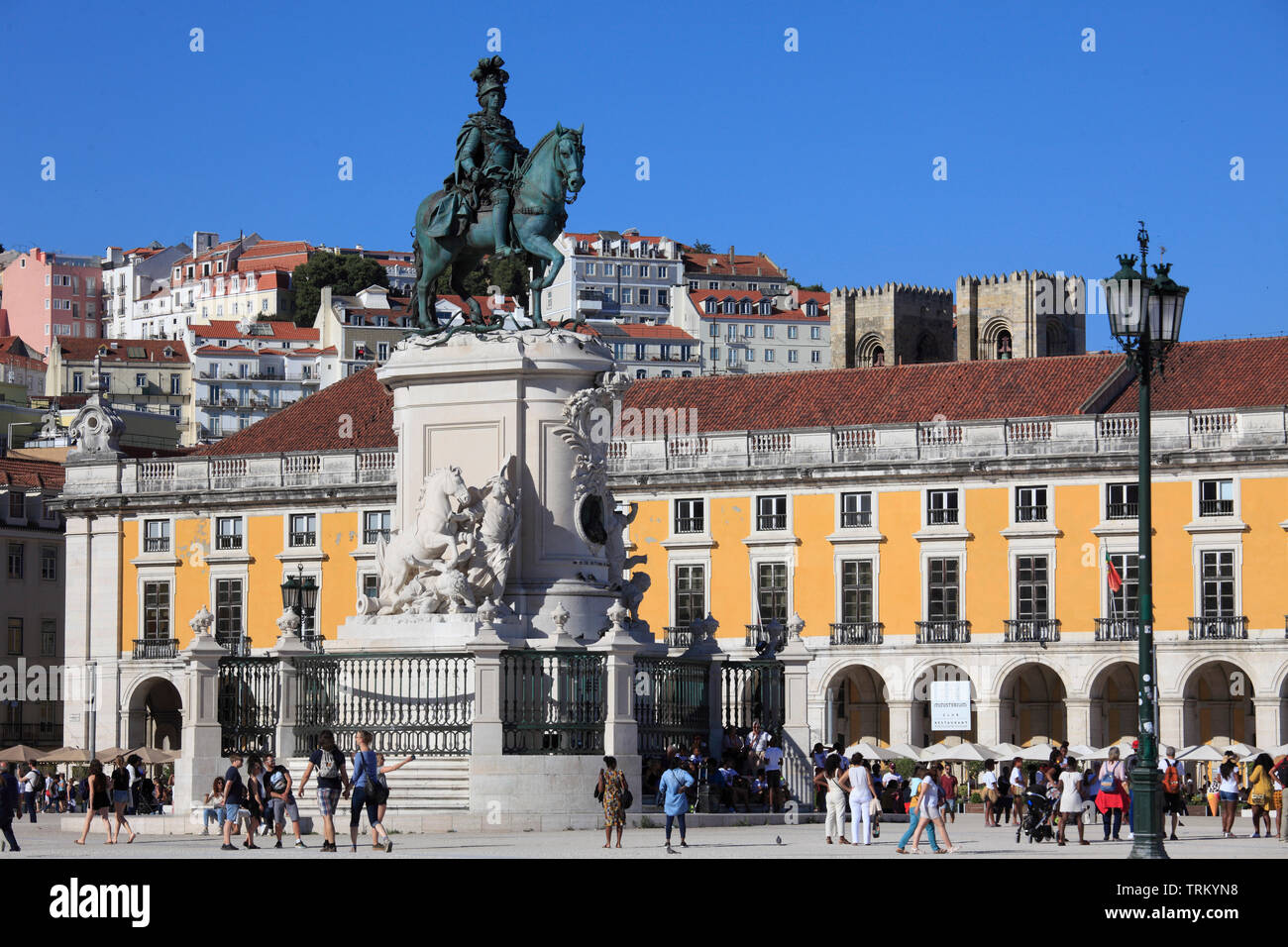 Portugal, Lisbon, Baixa, Praca do Comercio, Terreiro do Paco, King Jose I statue, Stock Photo