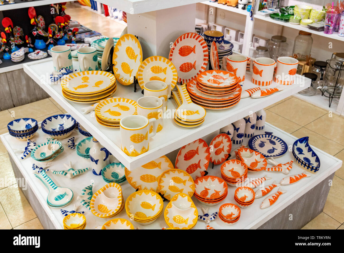 Traditional Portuguese souvenir pottery with colourful designs Stock