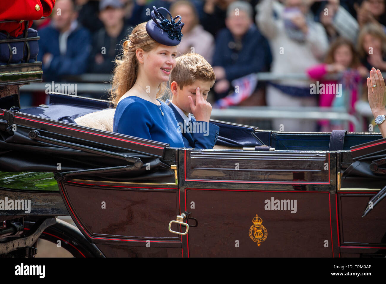 Picture dated June 8th shows Lady Louise Windsor, James Viscount Severn at the Trooping the Colour in London today. The Queen's official birthday has been marked with the annual Trooping the Colour parade. She was joined by members of her family and thousands of spectators to watch the display in Horse Guards Parade in Whitehall. The Prince of Wales, the Duchess of Cornwall, the Duke and Duchess of Cambridge and the Duke and Duchess of Sussex all attended. The Queen celebrated her 93rd birthday in April. The royal colonels - the Prince of Wales, colonel of the Welsh Guards, the Princess Roya Stock Photo