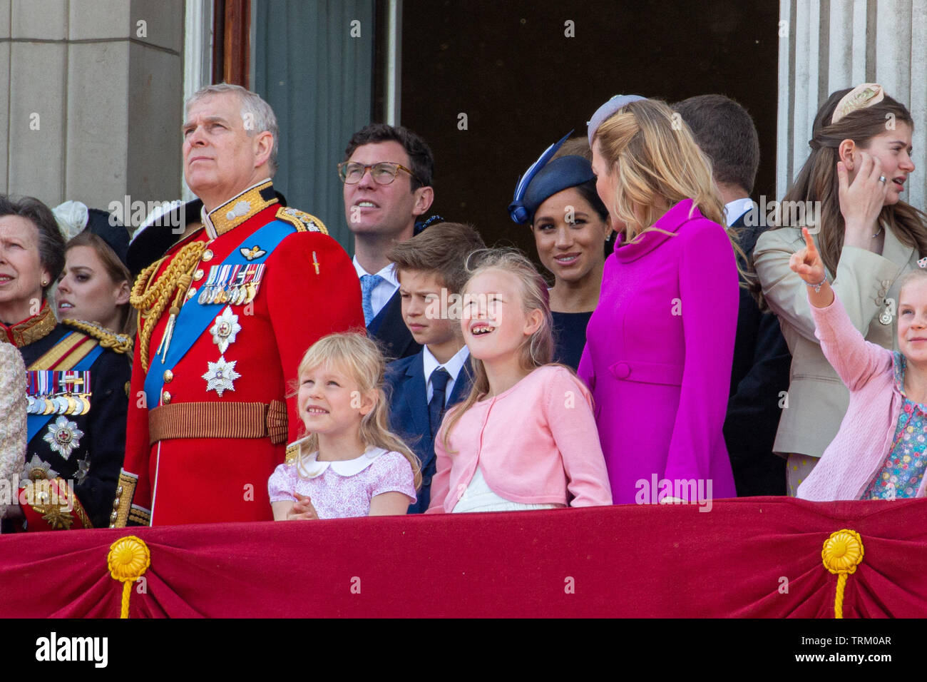 Picture dated June 8th shows The Duchess of Sussex (centre, blue hat)  at the Trooping the Colour in London today.   The Queen's official birthday has been marked with the annual Trooping the Colour parade. She was joined by members of her family and thousands of spectators to watch the display in Horse Guards Parade in Whitehall. The Prince of Wales, the Duchess of Cornwall, the Duke and Duchess of Cambridge and the Duke and Duchess of Sussex all attended. The Queen celebrated her 93rd birthday in April. The royal colonels - the Prince of Wales, colonel of the Welsh Guards, the Princess Royal Stock Photo