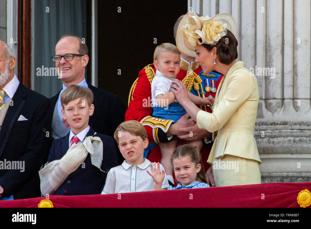 Picture dated June 8th shows Prince William, Catherine Duchess of Cambridge, Prince Louis, Prince George and Princess Charlotte at the Trooping the Colour in London today.   The Queen's official birthday has been marked with the annual Trooping the Colour parade. She was joined by members of her family and thousands of spectators to watch the display in Horse Guards Parade in Whitehall. The Prince of Wales, the Duchess of Cornwall, the Duke and Duchess of Cambridge and the Duke and Duchess of Sussex all attended. The Queen celebrated her 93rd birthday in April. The royal colonels - the Prince Stock Photo