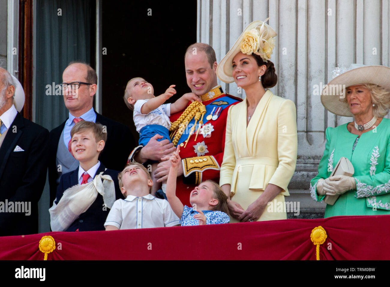 Picture dated June 8th shows Prince William, Catherine Duchess of Cambridge, Prince Louis, Prince George and Princess Charlotte at the Trooping the Colour in London today.   The Queen's official birthday has been marked with the annual Trooping the Colour parade. She was joined by members of her family and thousands of spectators to watch the display in Horse Guards Parade in Whitehall. The Prince of Wales, the Duchess of Cornwall, the Duke and Duchess of Cambridge and the Duke and Duchess of Sussex all attended. The Queen celebrated her 93rd birthday in April. The royal colonels - the Prince Stock Photo