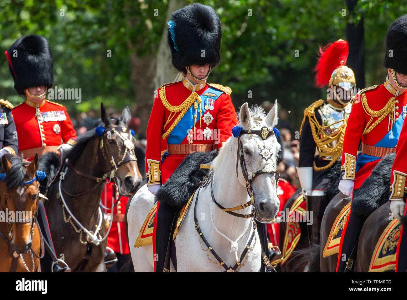Picture dated June 8th shows Prince William  at the Trooping the Colour in London today.    The Queen's official birthday has been marked with the annual Trooping the Colour parade. She was joined by members of her family and thousands of spectators to watch the display in Horse Guards Parade in Whitehall. The Prince of Wales, the Duchess of Cornwall, the Duke and Duchess of Cambridge and the Duke and Duchess of Sussex all attended. The Queen celebrated her 93rd birthday in April. The royal colonels - the Prince of Wales, colonel of the Welsh Guards, the Princess Royal, colonel of the Blues an Stock Photo