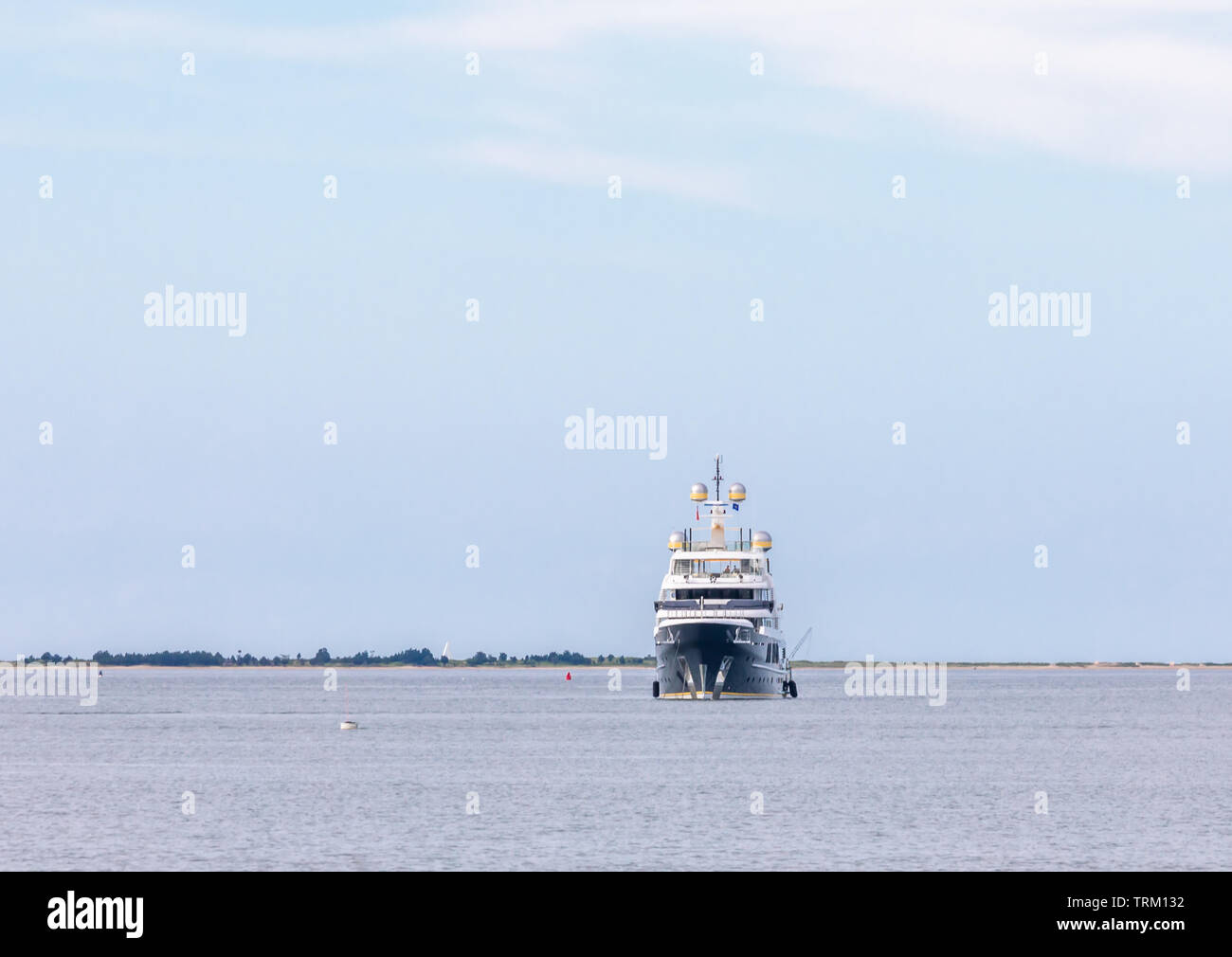 One large yacht at anchor off Haven's Beach, Sag Harbor, NY Stock Photo