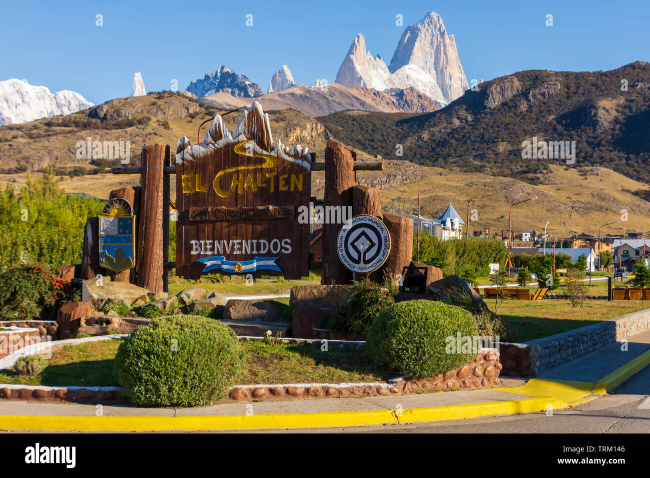 Entrance to the town of El Chalten, famous for the Fitz Roy mountain in the Patagonia region of Argentina. The area is a UNESCO heritage site. Stock Photo