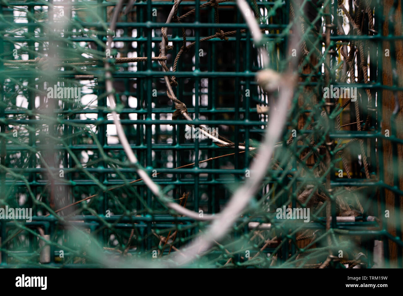 Close-up of lobster pots on Cape Cod in Wellfleet MA. Stock Photo