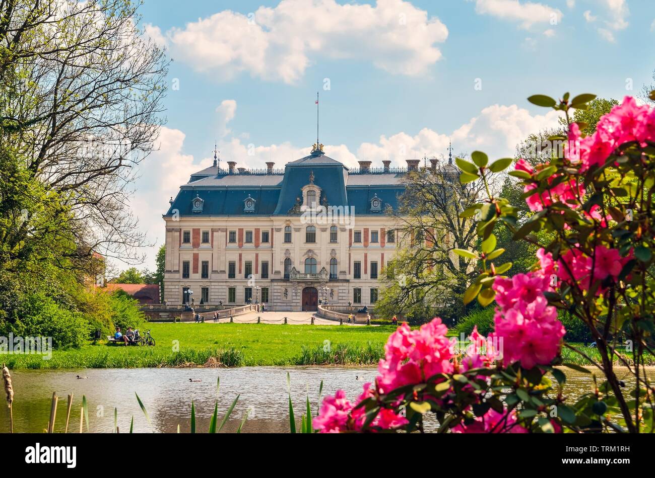 Beautiful historic castle in colorful spring scenery. Neo baroque ...