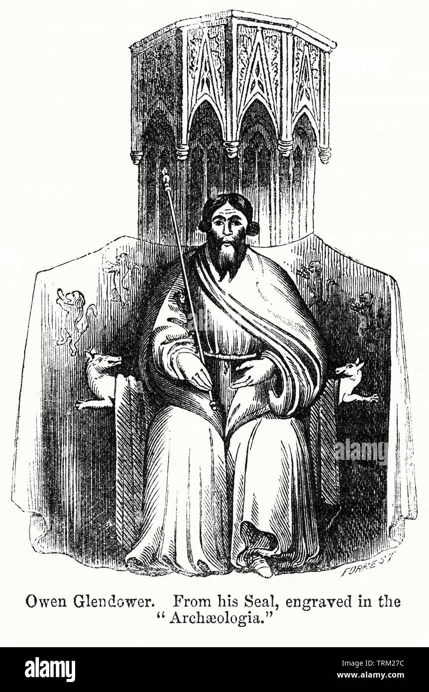 Owen Glendower, Prince of Wales 1404-15, From his Seal, engraved in the “Archeologica”, Illustration from John Cassell's Illustrated History of England, Vol. I from the earliest period to the reign of Edward the Fourth, Cassell, Petter and Galpin, 1857 Stock Photo